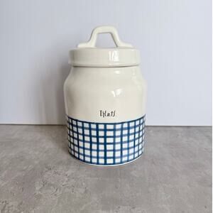 Rae Dunn Treats Canister Jar Lid Cream Blue Gingham Plaid Check Farmhouse Rustic